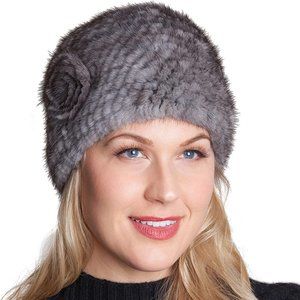 OVERLAND Knitted Mink Fur Beanie Hat w/ Fur Flower